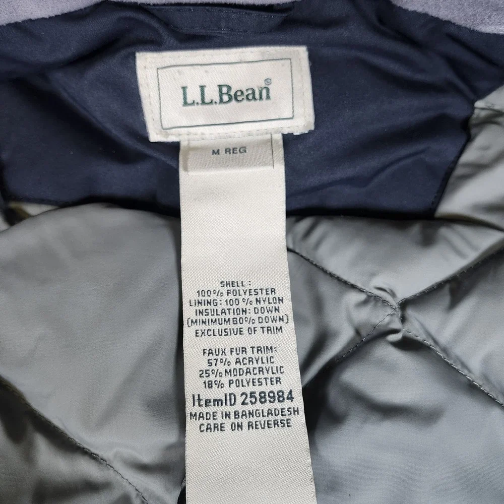 LL Bean Baxter State Parka Jacket Womens Medium Blue Hooded Faux Fur Trim Winter
